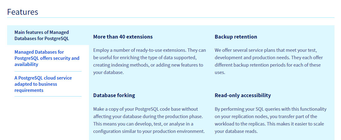 ovh managed postgres features