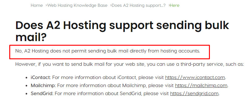 a2 hosting bulk emails