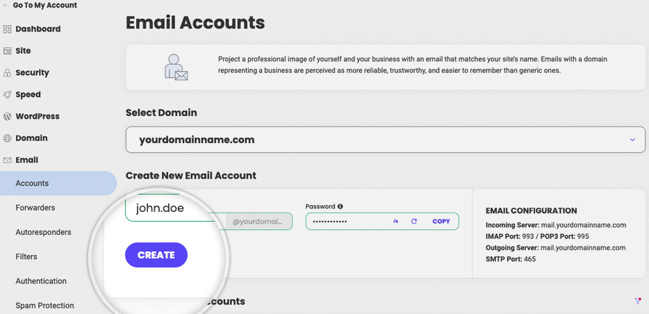email creation in siteground