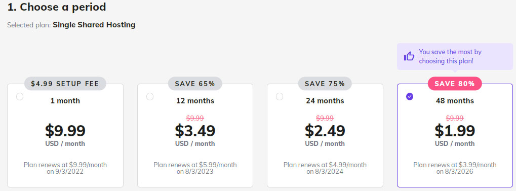 hostinger billing periods on the checkout page