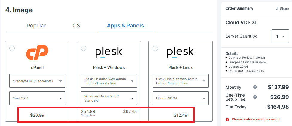 contabos control panel pricing