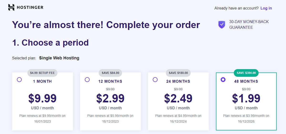 cheapest plan from hostinger