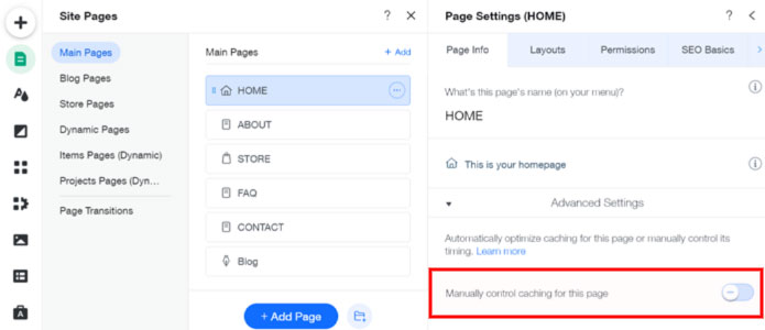 wix - Activate Page Caching