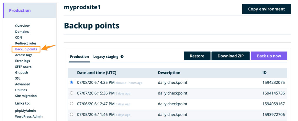 wp engines backups are stored chronologically