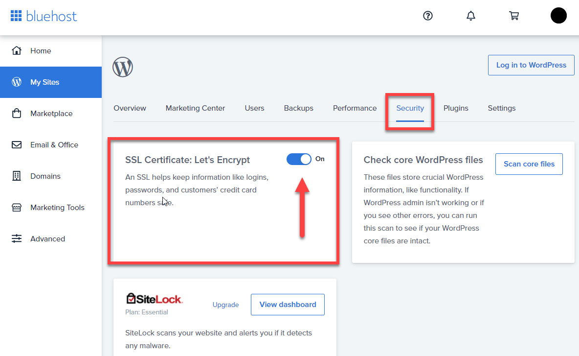 activate free bluehost ssl certificate
