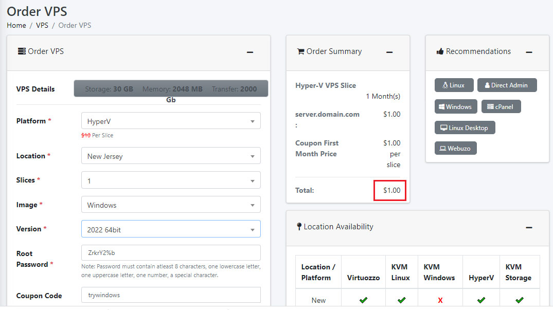 interserver windows vps starting price