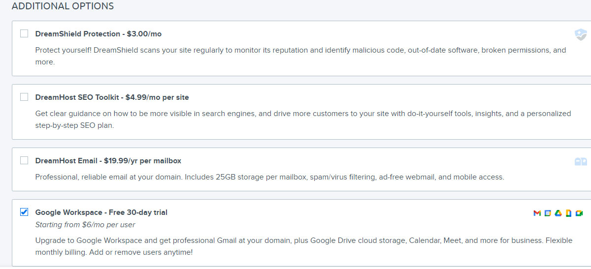 dreamhost google workspace pricing at checkout