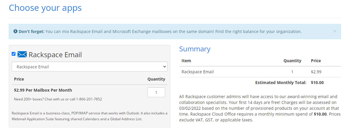 Rackspace Pricing and Cart Addons