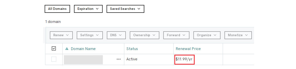 Godaddy Enable Domain Renewal Price column