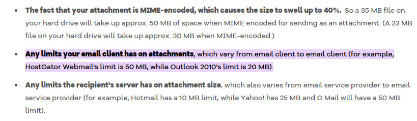hostgator email size limit