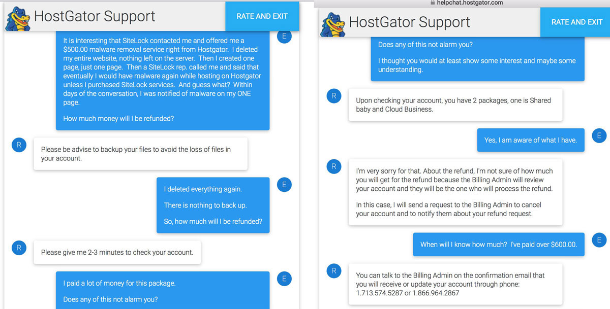 customer claiming a refund from hostgator