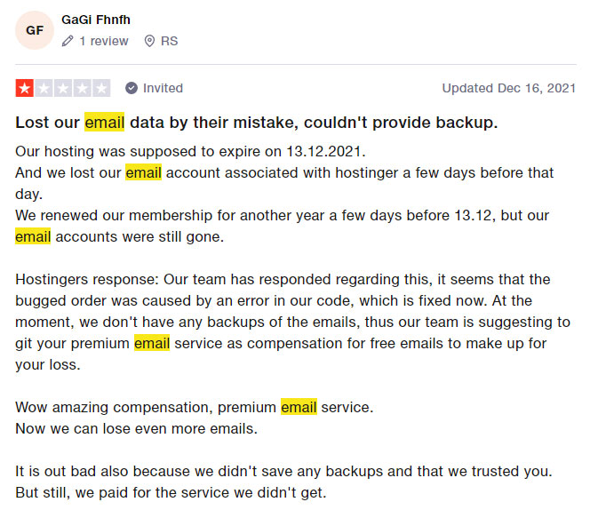 hostinger email trustpilot