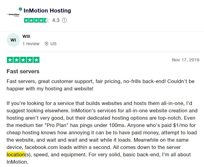 inmotion server location review