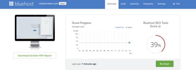bluehost seo tools marketing report score
