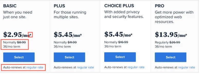bluehost pricing plans with renewal