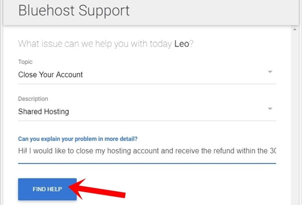 bluehost support close account