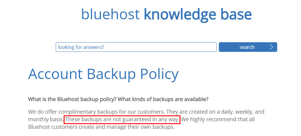 bluehost back up policy