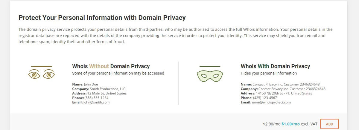 Siteground domain registration information with and without privacy protection