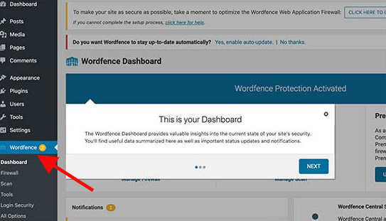 wordfence as part of dashboard