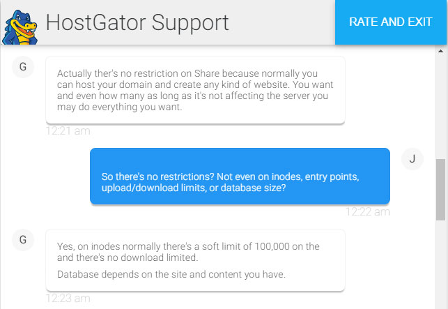 Hostgator Live Chat Support asking about inode limit