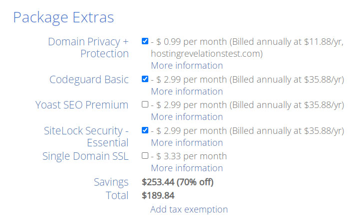 bluehost add ons on the checkout page