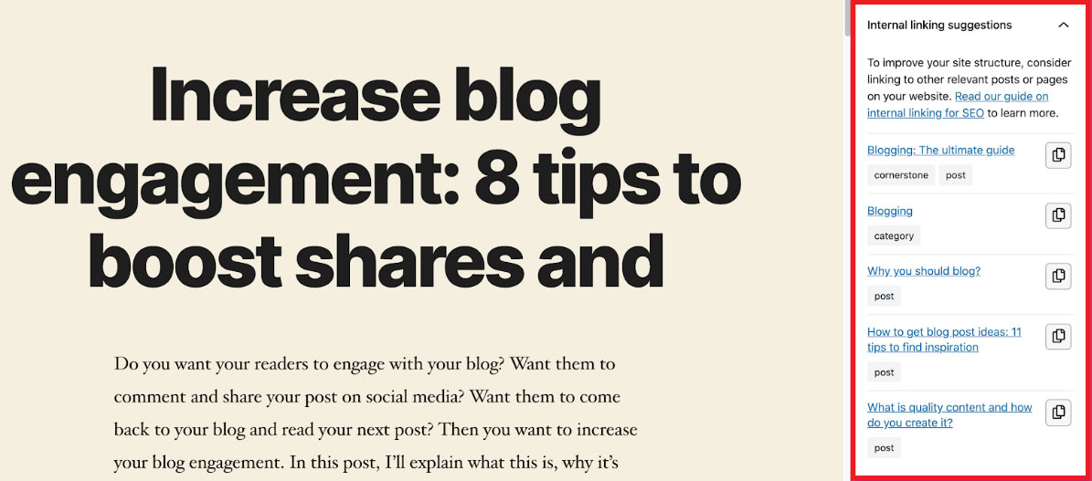 internal linking suggestions by yoast