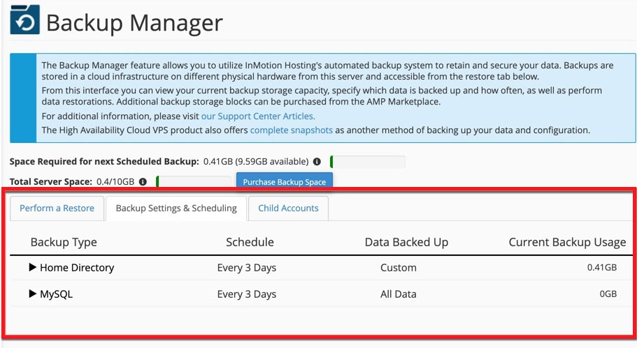 inmotion hosting backup manager separate backups