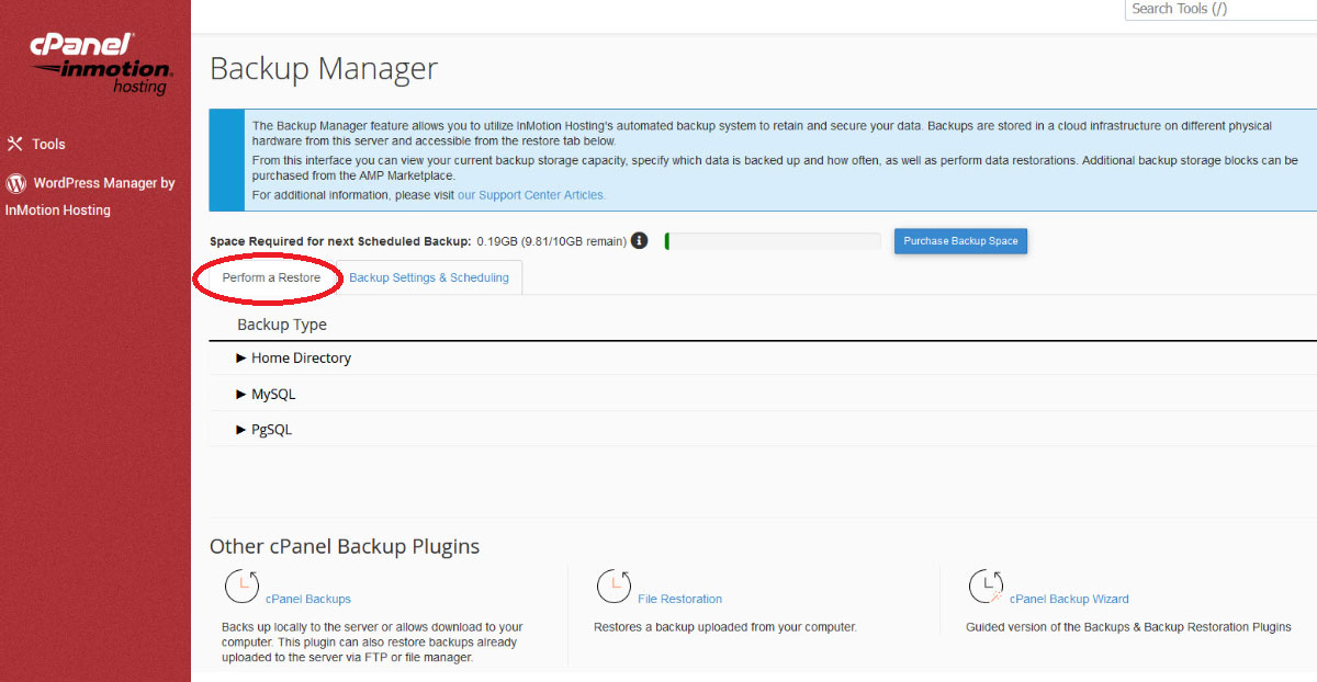 one click restore with backup manager