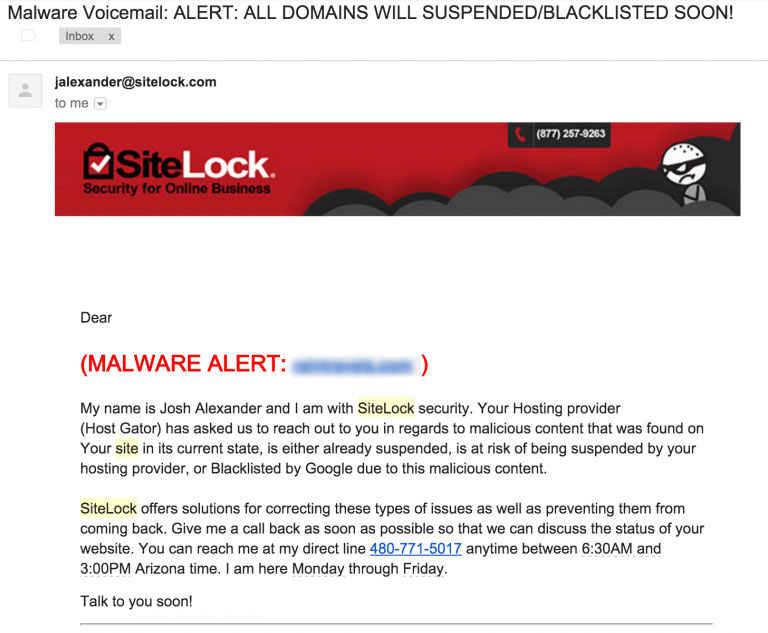 sitelock informing about malware partially