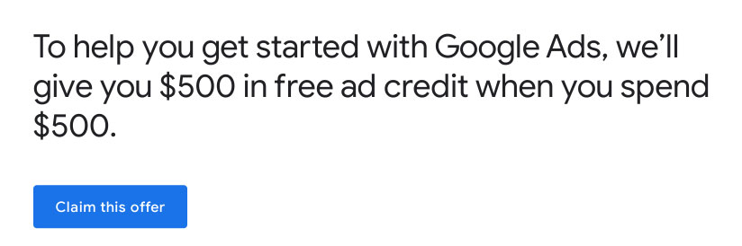 google ads $500 credit offer
