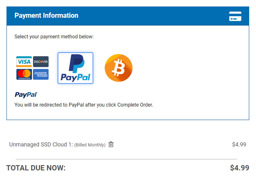 hostwinds paypal option at checkout