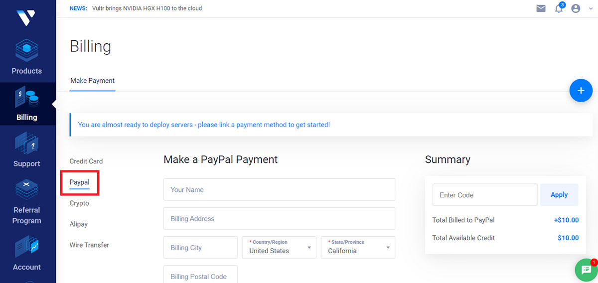 vultr paypal payment option