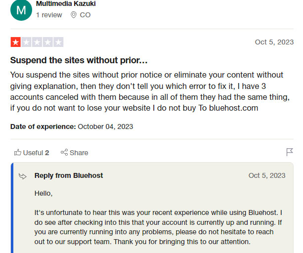 bluehost account suspension without warning