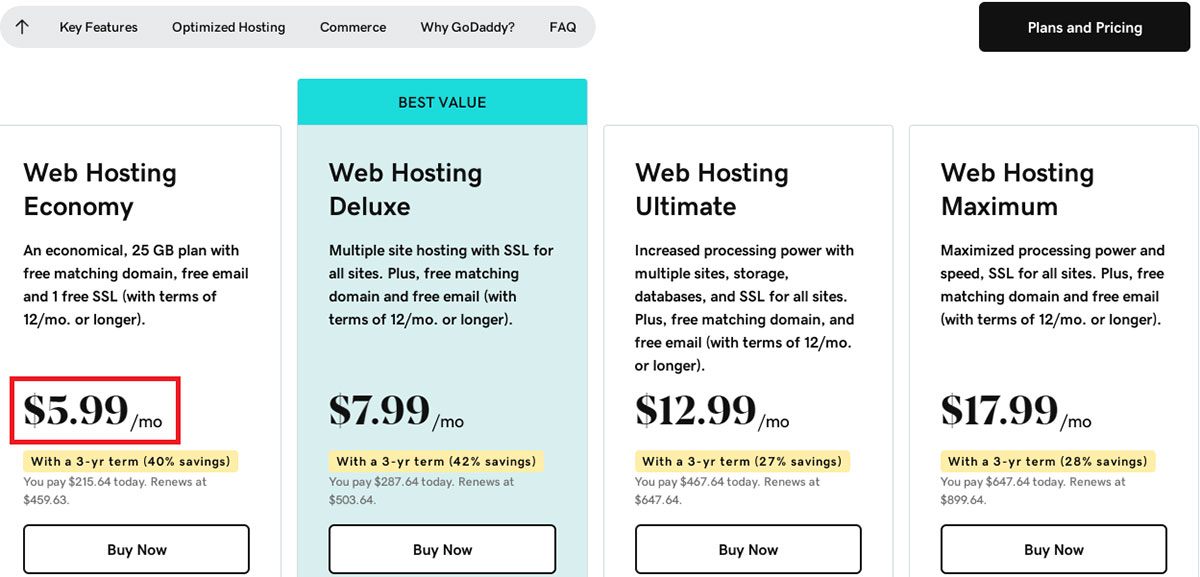 godaddy hosting prices