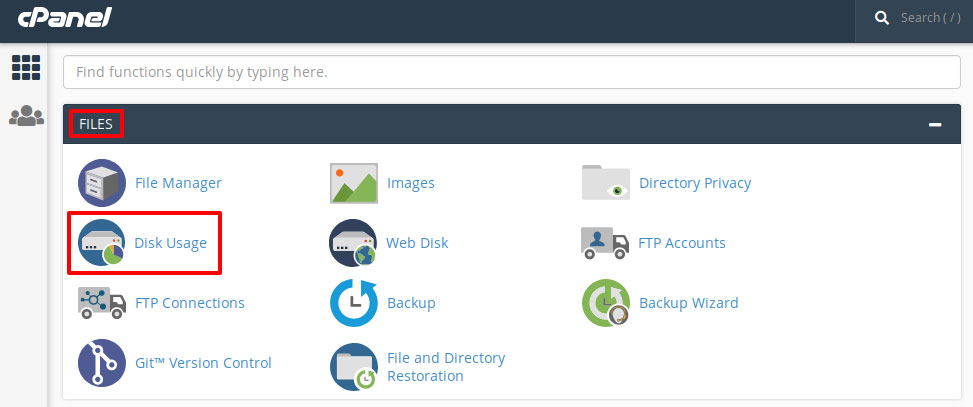 cpanel dashboard disk usage option