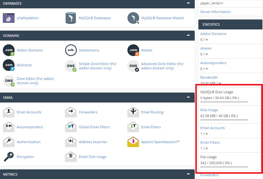 cpanel statistics disk usage