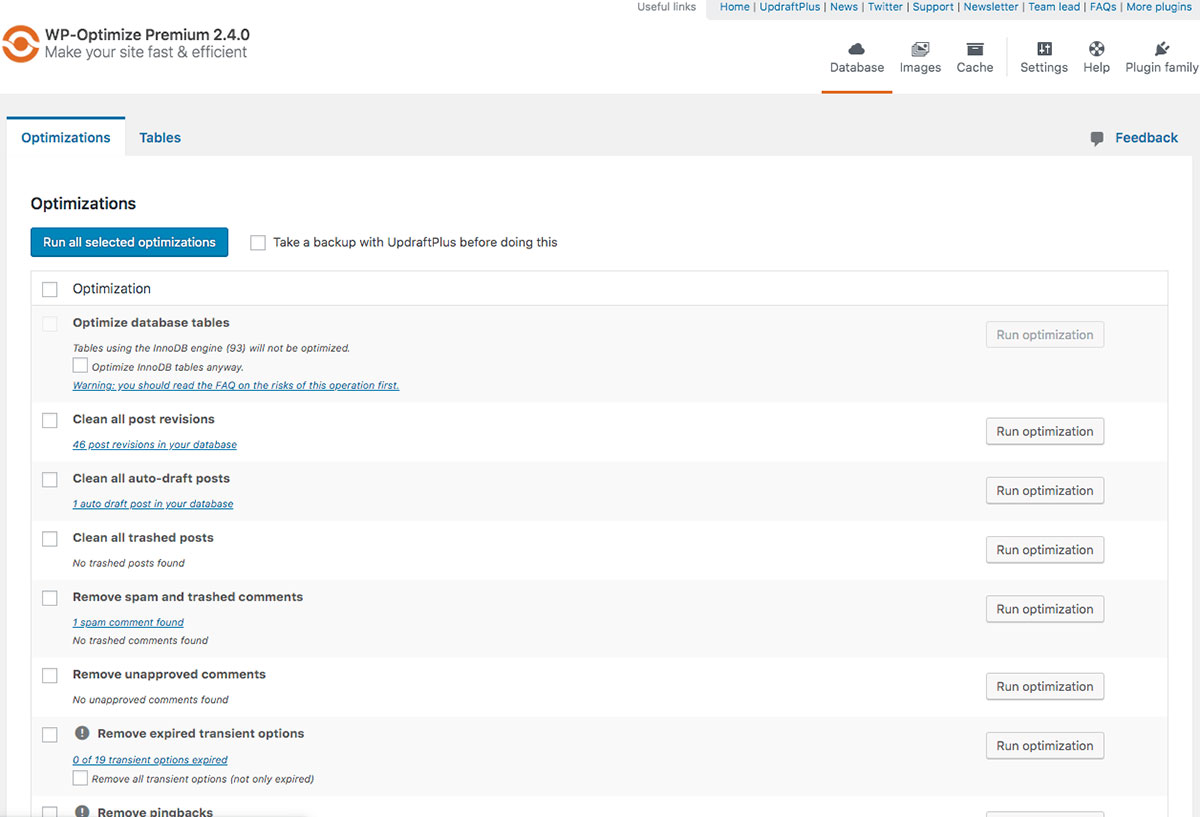 database cleaning via wp optimize premium