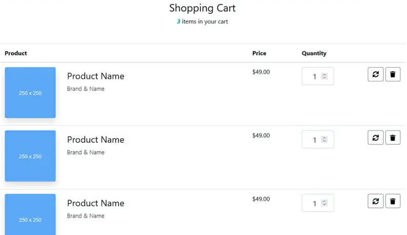 display of shopping cart page