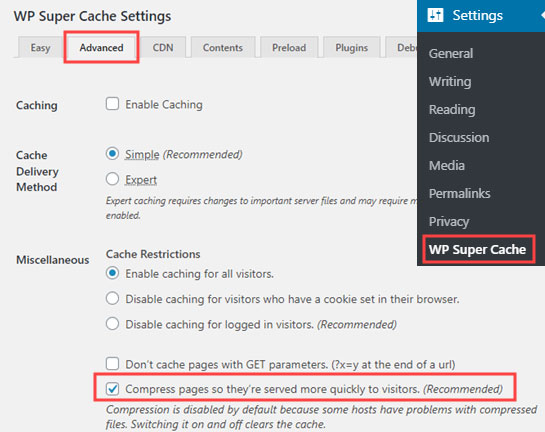 wp super cache gzip compression